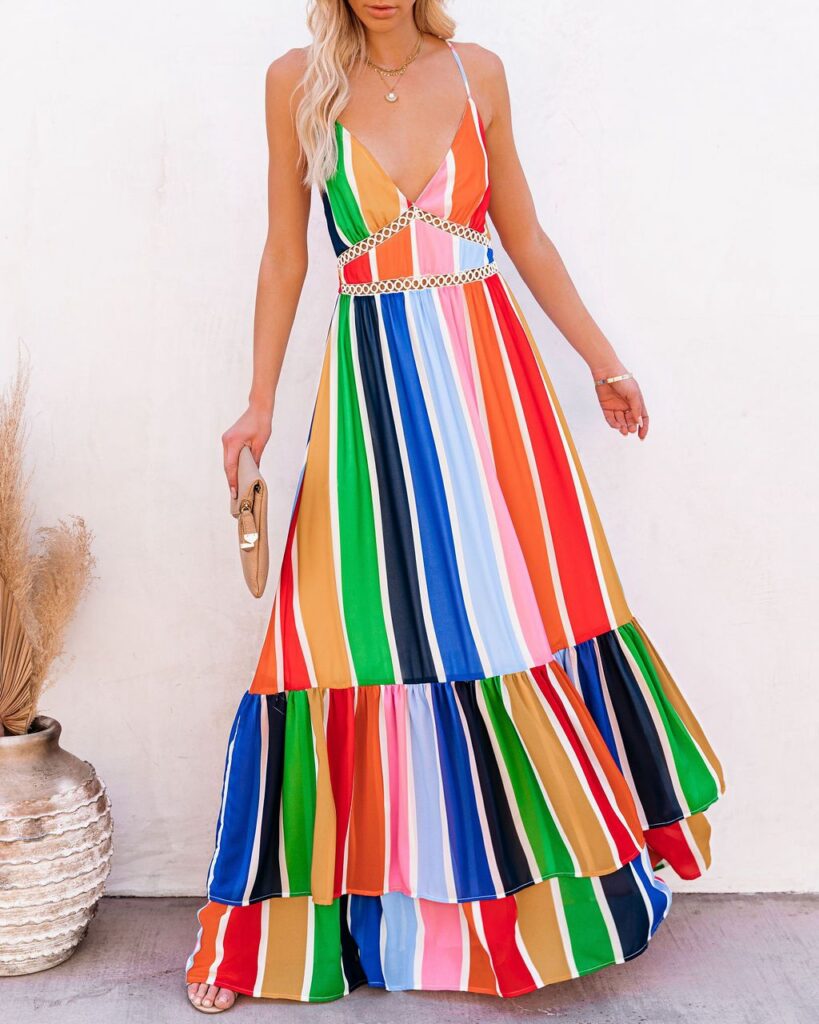 Women Summer Holiday New Rainbow Striped Printed Lace Stitching Deep V Plunge Plunge Strap Long Dress - Image 3
