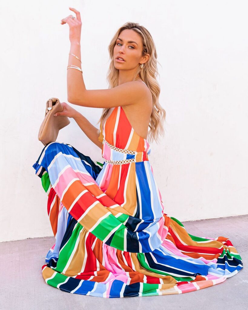 Women Summer Holiday New Rainbow Striped Printed Lace Stitching Deep V Plunge Plunge Strap Long Dress - Image 4