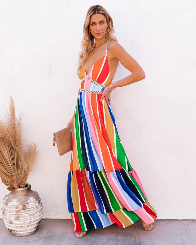 Women Summer Holiday New Rainbow Striped Printed Lace Stitching Deep V Plunge Plunge Strap Long Dress - Image 5
