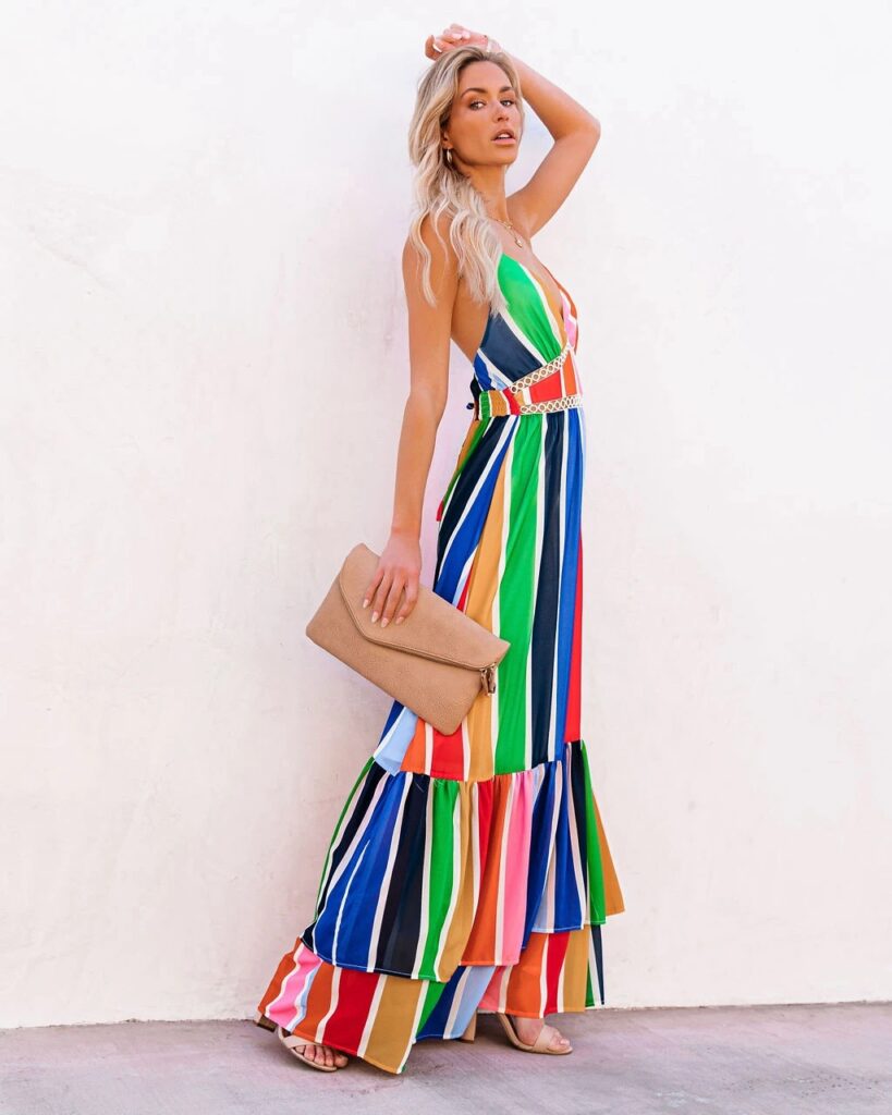 Women Summer Holiday New Rainbow Striped Printed Lace Stitching Deep V Plunge Plunge Strap Long Dress - Image 7