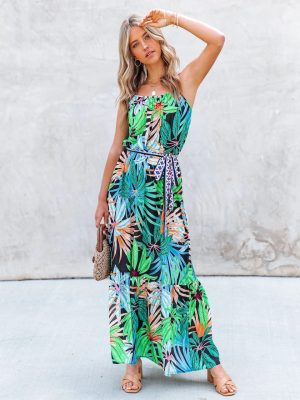 Women Summer Vacation New Tropical Rainforest Flower Printed Flounce Sling Dress