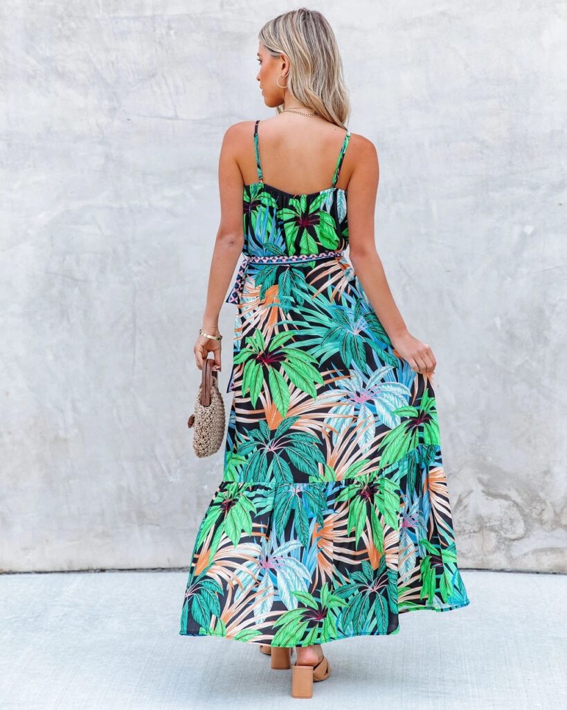 Women Summer Vacation New Tropical Rainforest Flower Printed Flounce Sling Dress - Image 2