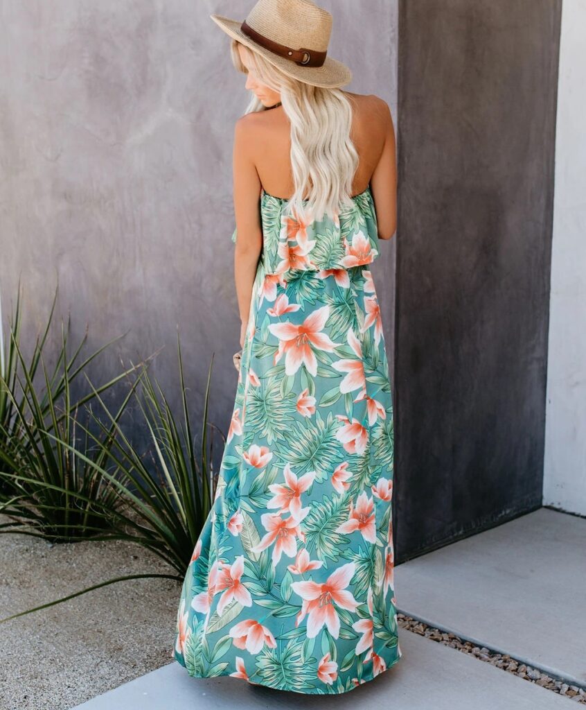 Women  Summer Vacation New Tropical Rain Forest Print Shoulder Ruffled Split Dress - Image 2