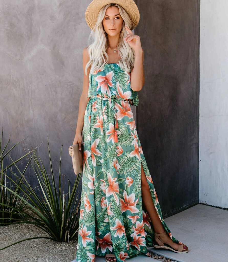 Women  Summer Vacation New Tropical Rain Forest Print Shoulder Ruffled Split Dress - Image 5