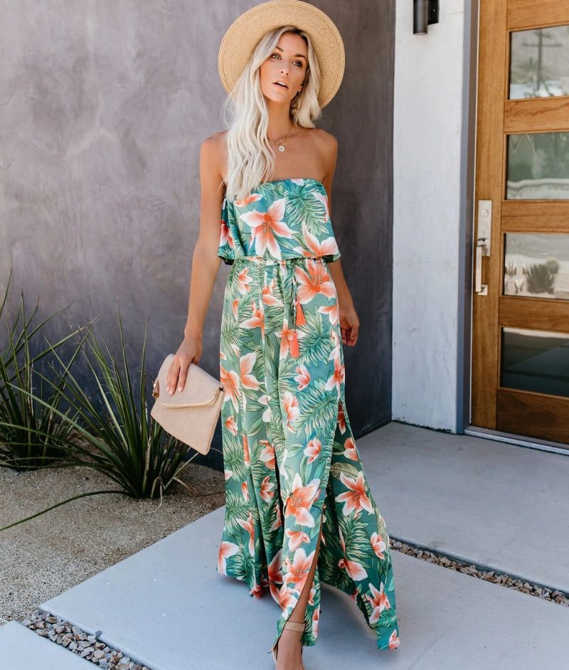 Women  Summer Vacation New Tropical Rain Forest Print Shoulder Ruffled Split Dress - Image 6