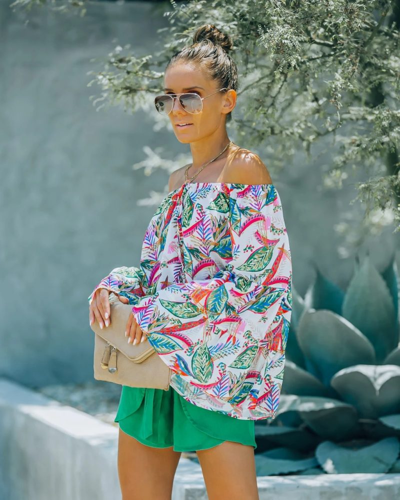 Women  Summer Vacation Printed Shoulder Horn Sleeve Strap   Joker Top - Image 5