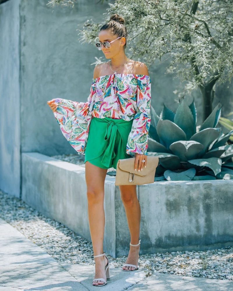 Women  Summer Vacation Printed Shoulder Horn Sleeve Strap   Joker Top - Image 6