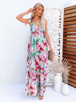 Women Summer Vacation New Tie Dye Printing Strap Wooden Ear   Maxi  Dress