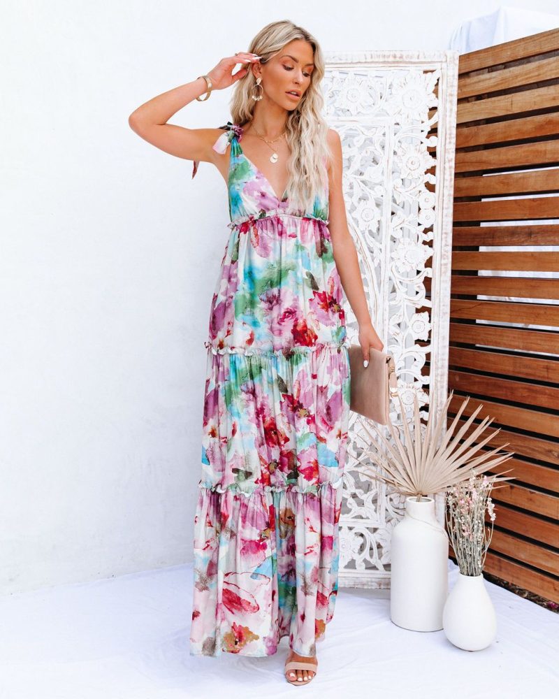 Women Summer Vacation New Tie Dye Printing Strap Wooden Ear   Maxi  Dress