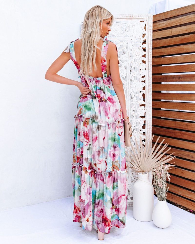 Women Summer Vacation New Tie Dye Printing Strap Wooden Ear   Maxi  Dress - Image 2
