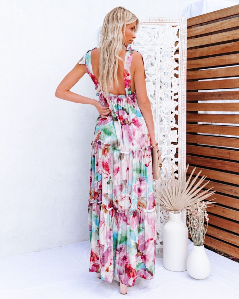 Women Summer Vacation New Tie Dye Printing Strap Wooden Ear   Maxi  Dress - Image 2
