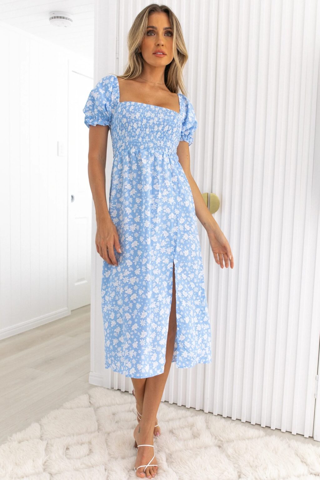 Women Boho Vacation Elegant Smocked Square Neck Short Sleeve FloralSplit Dress