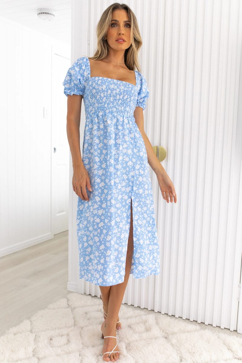 Women Boho Vacation Elegant Smocked Square Neck Short Sleeve FloralSplit Dress