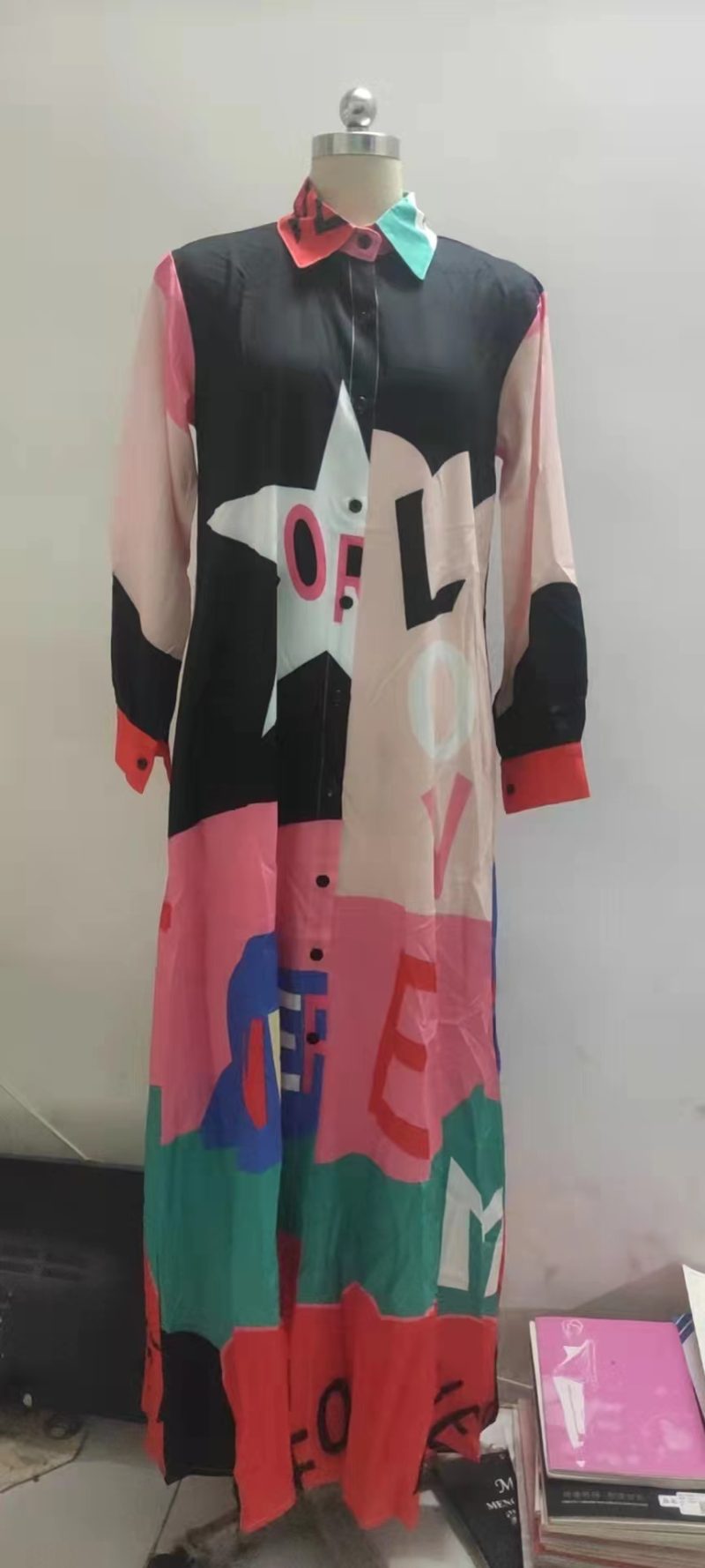 New Fashion Long Sleeve Printed Shirt Long Dress Positioning Flower - Image 5