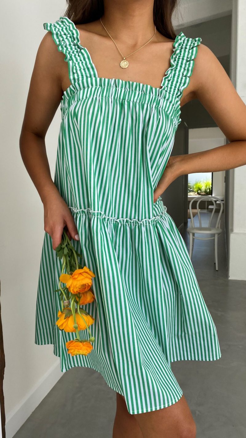 Women Summer Daily Stripe Green Solid A Line Dress - Image 4