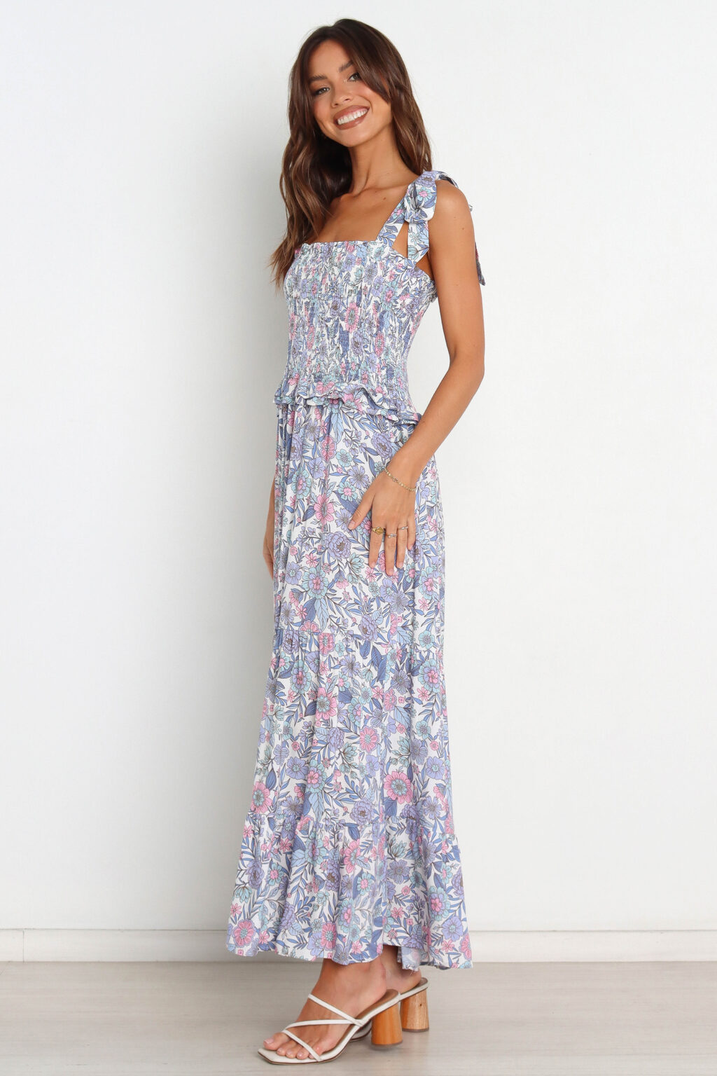 Women Summer Vacation Printed Ruffed Tie Maxi A Line Dress - Image 2