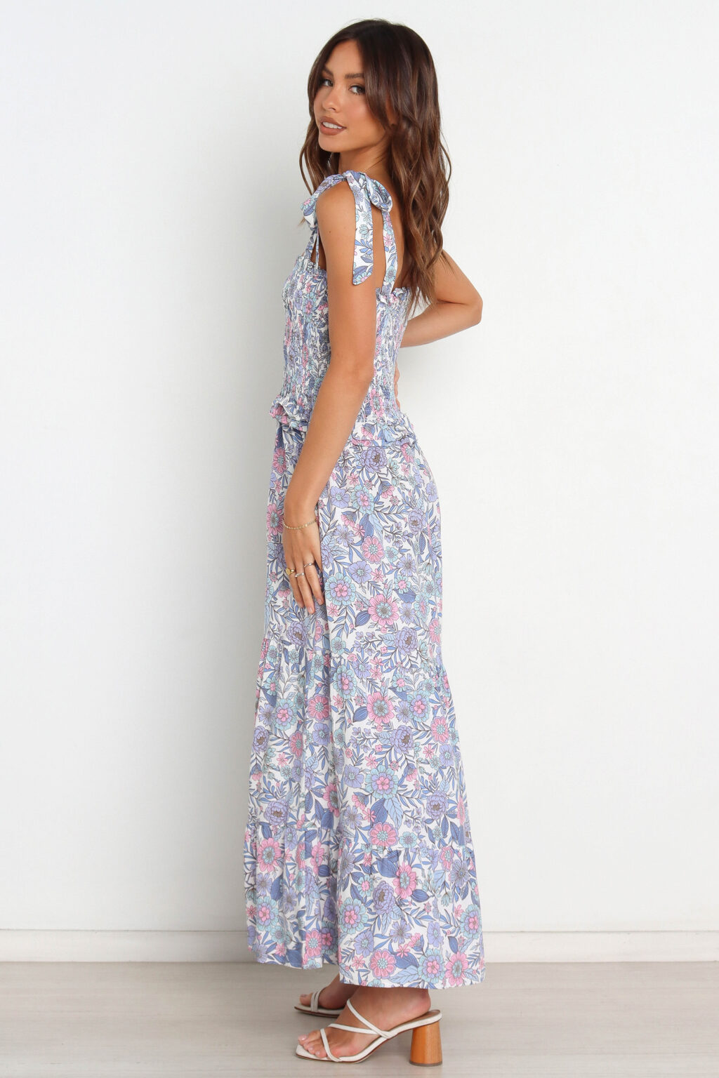 Women Summer Vacation Printed Ruffed Tie Maxi A Line Dress - Image 3