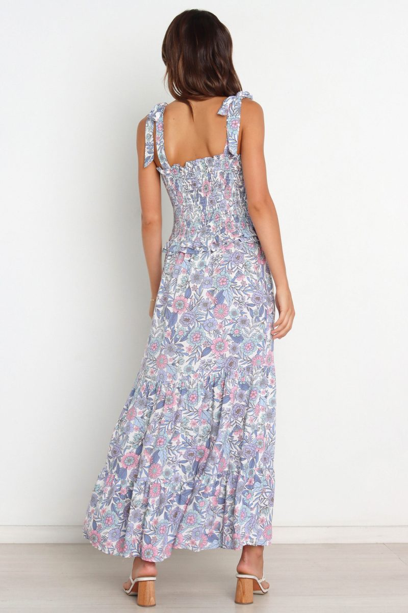 Women Summer Vacation Printed Ruffed Tie Maxi A Line Dress - Image 4