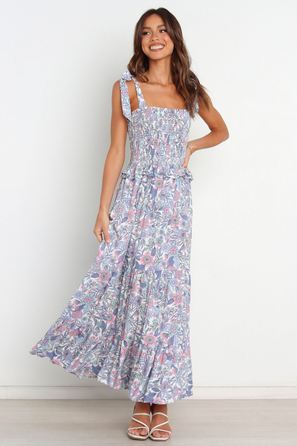 Women Summer Vacation Printed Ruffed Tie Maxi A Line Dress - Image 5