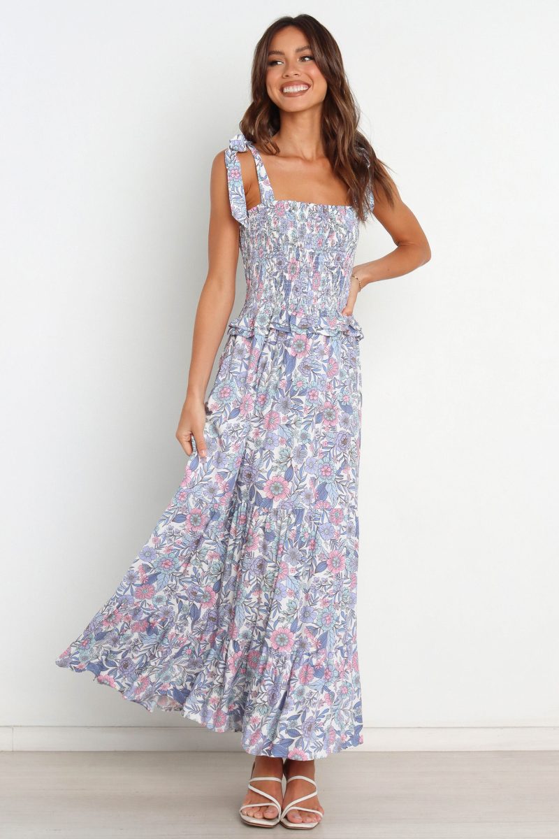 Women Summer Vacation Printed Ruffed Tie Maxi A Line Dress - Image 5
