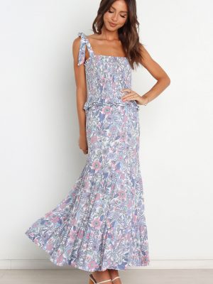 Women Summer Vacation Printed Ruffed Tie Maxi A Line Dress