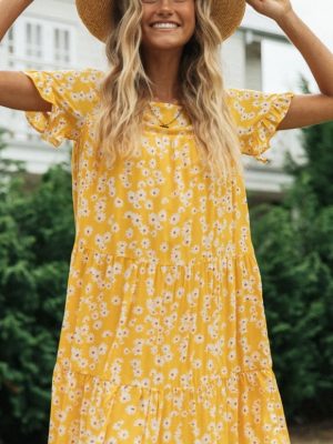 Spring New Boho Vacation Elegant Crew Neck Ruffle Short Sleeve Crewneck Floral Large Dress