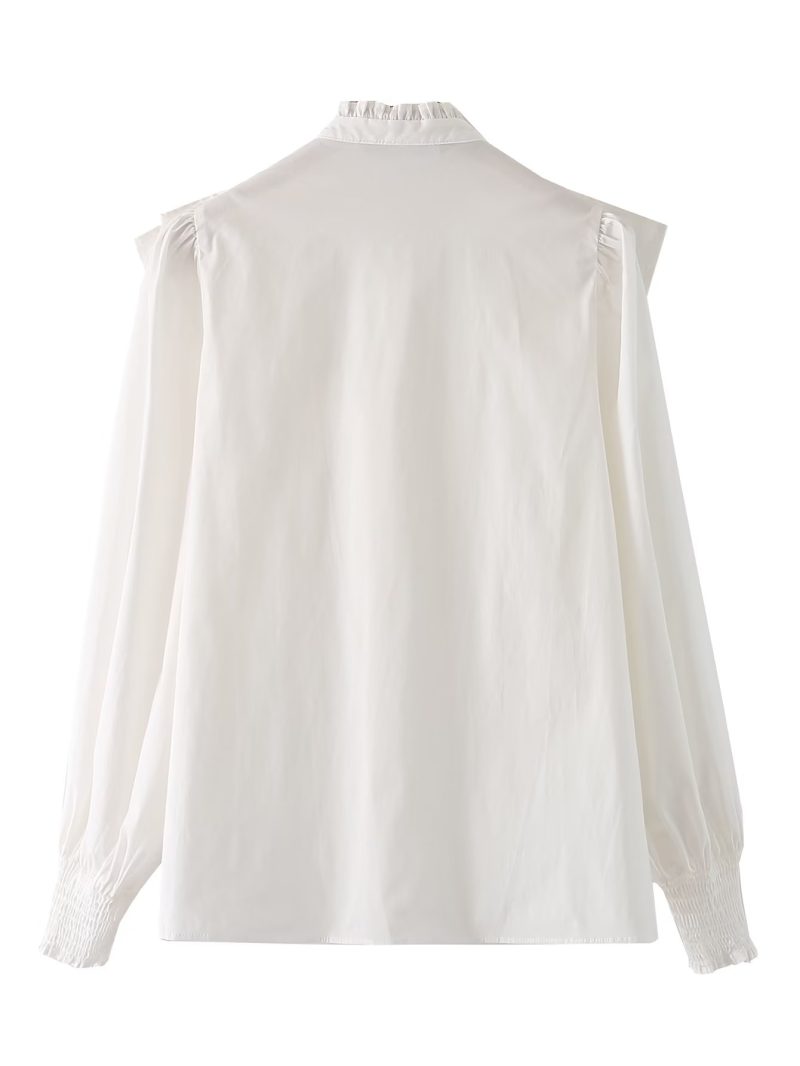Autumn Women White Long Sleeve Laminated Decoration Poplin Shirt - Image 2