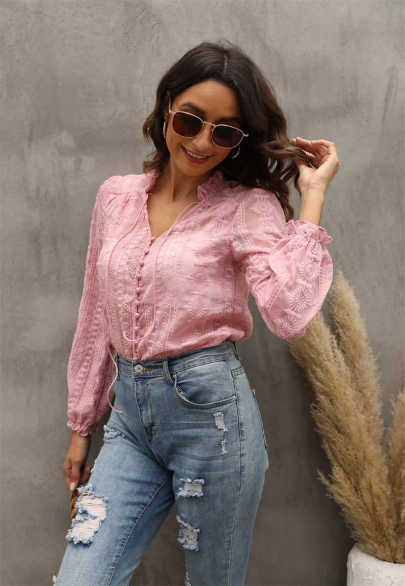 V Neck Embroidery Flower And Wood Ears Long Sleeve Shirt Top Women - Image 2
