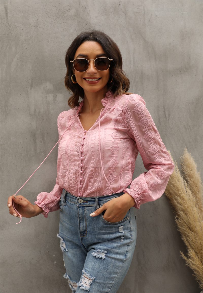 V Neck Embroidery Flower And Wood Ears Long Sleeve Shirt Top Women - Image 3