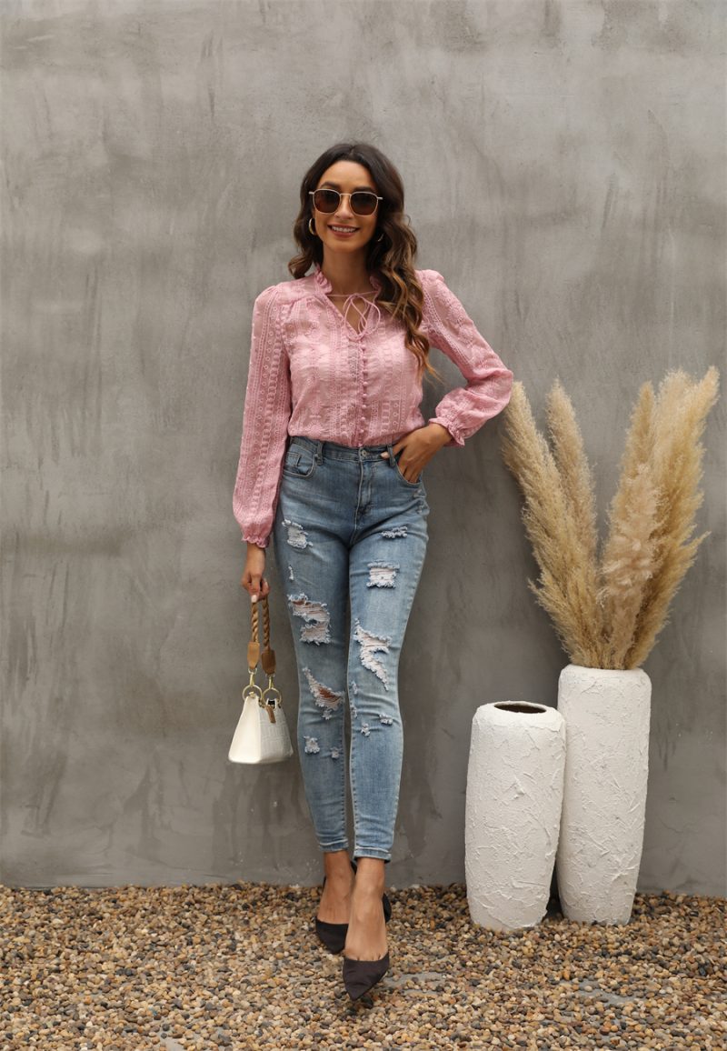 V Neck Embroidery Flower And Wood Ears Long Sleeve Shirt Top Women - Image 4