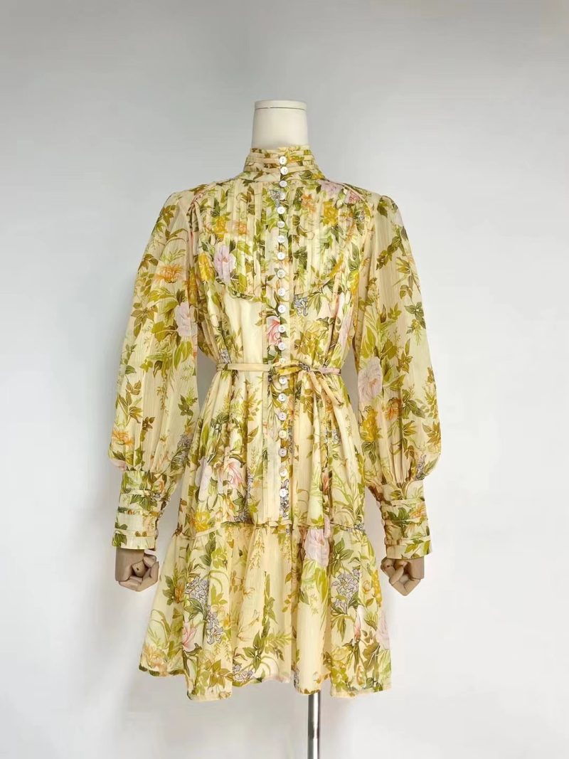 Women Spring Fall Vacation Floral Belted Lantern Sleeve Stand Collar  Elegant Shirt Dress  Short Dress - Image 4