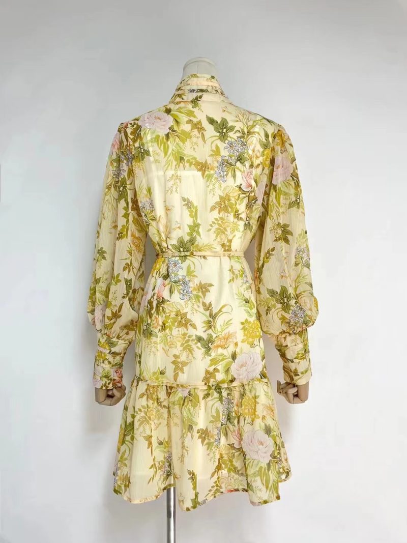Women Spring Fall Vacation Floral Belted Lantern Sleeve Stand Collar  Elegant Shirt Dress  Short Dress - Image 5