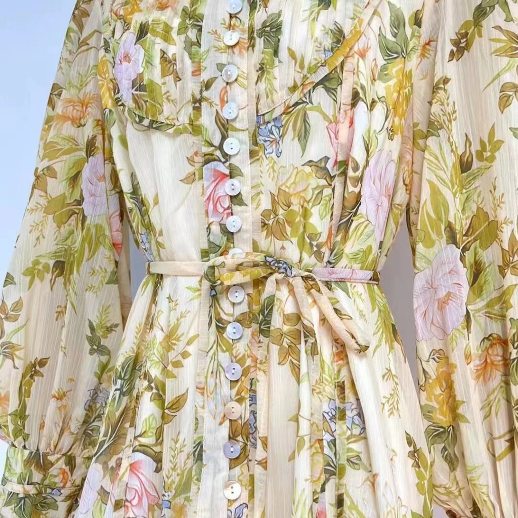 Women Spring Fall Vacation Floral Belted Lantern Sleeve Stand Collar  Elegant Shirt Dress  Short Dress - Image 7
