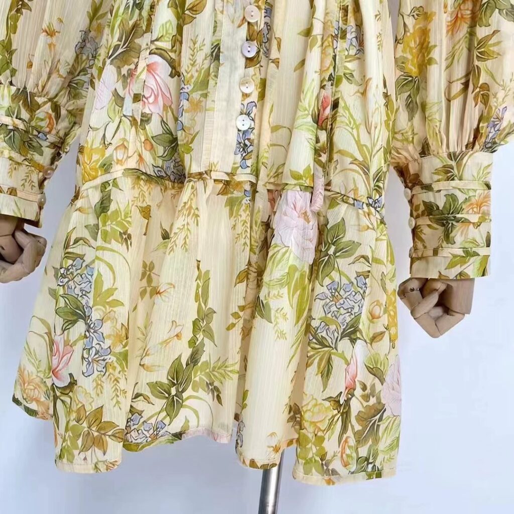 Women Spring Fall Vacation Floral Belted Lantern Sleeve Stand Collar  Elegant Shirt Dress  Short Dress - Image 8