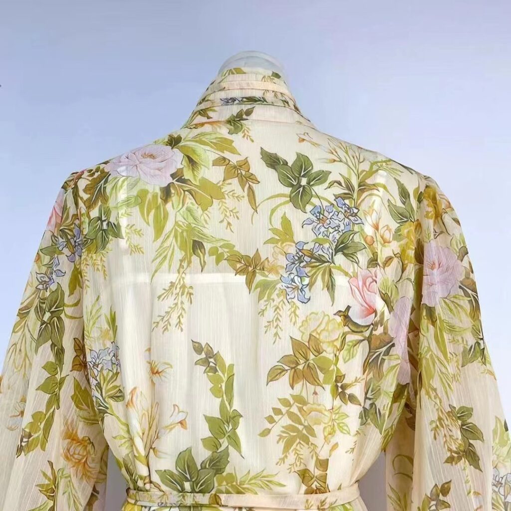 Women Spring Fall Vacation Floral Belted Lantern Sleeve Stand Collar  Elegant Shirt Dress  Short Dress - Image 9