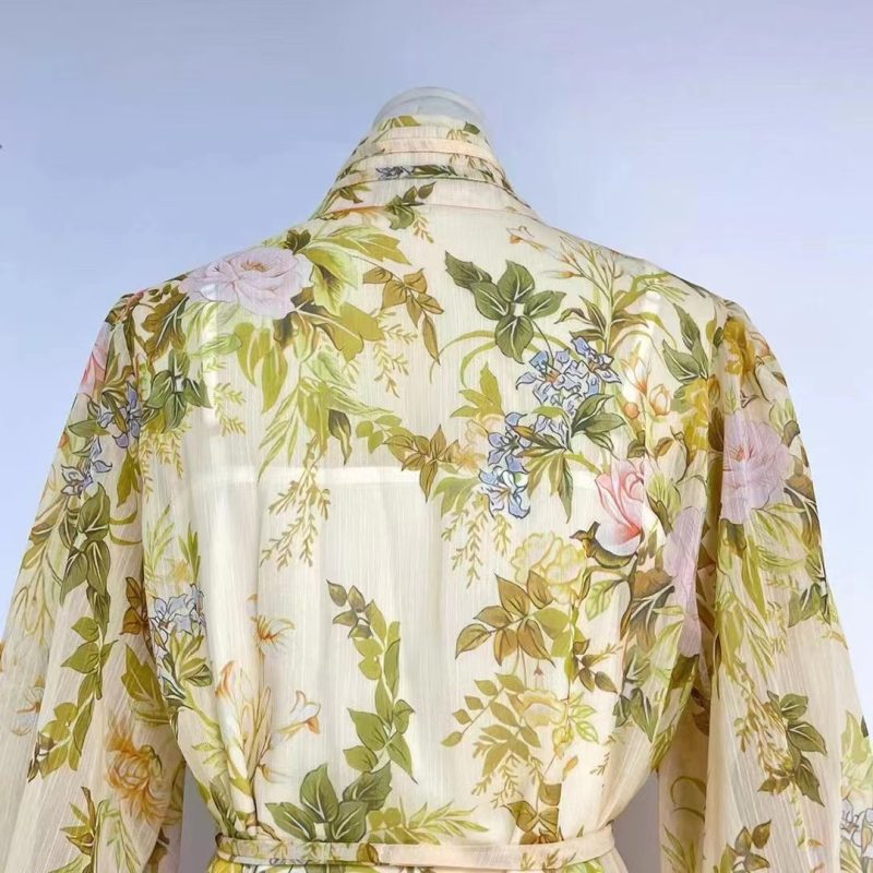 Women Spring Fall Vacation Floral Belted Lantern Sleeve Stand Collar  Elegant Shirt Dress  Short Dress - Image 9