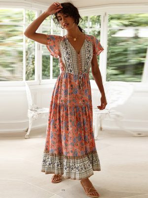 Women Summer Vacation Short Sleeve V Neck A Line Maxi Dress