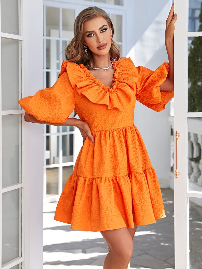 Women Summer Daily Solid Ruffle A Line Short Dress - Image 3