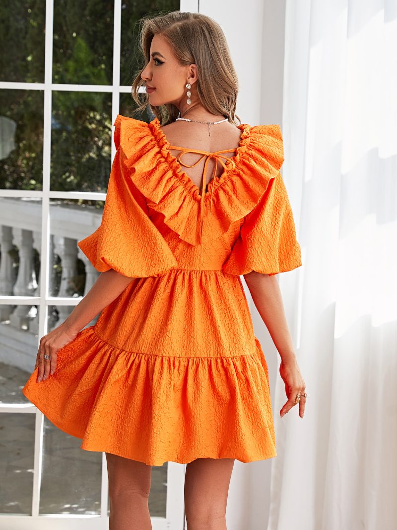 Women Summer Daily Solid Ruffle A Line Short Dress - Image 5