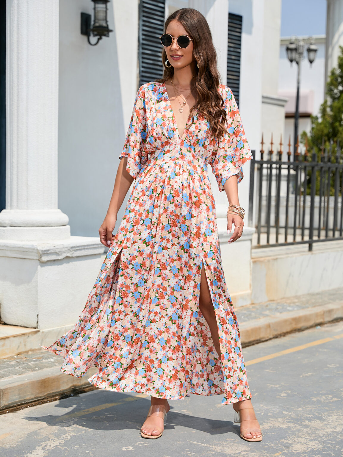 Women Summer Printed V Neck Asymmetric Vacation Loose A Line High Split  Maxi Dress - Image 4
