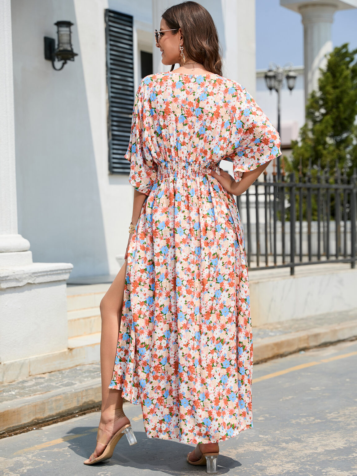 Women Summer Printed V Neck Asymmetric Vacation Loose A Line High Split  Maxi Dress - Image 5
