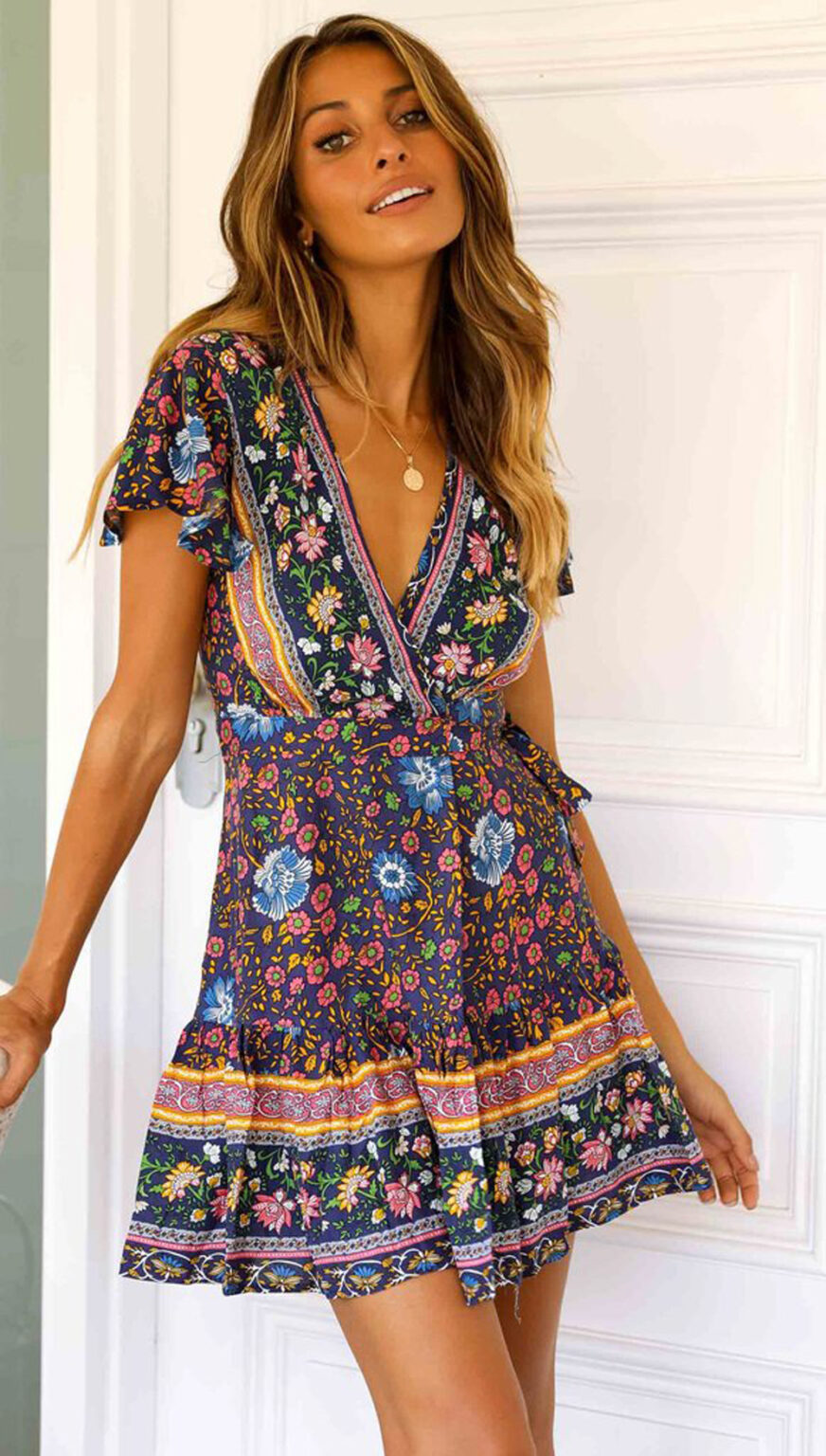 Women Summer Printed Vacation Ruffled A Line Short Dress - Image 3