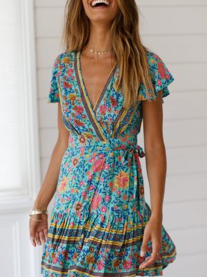 Women Summer Printed Vacation Ruffled A Line Short Dress