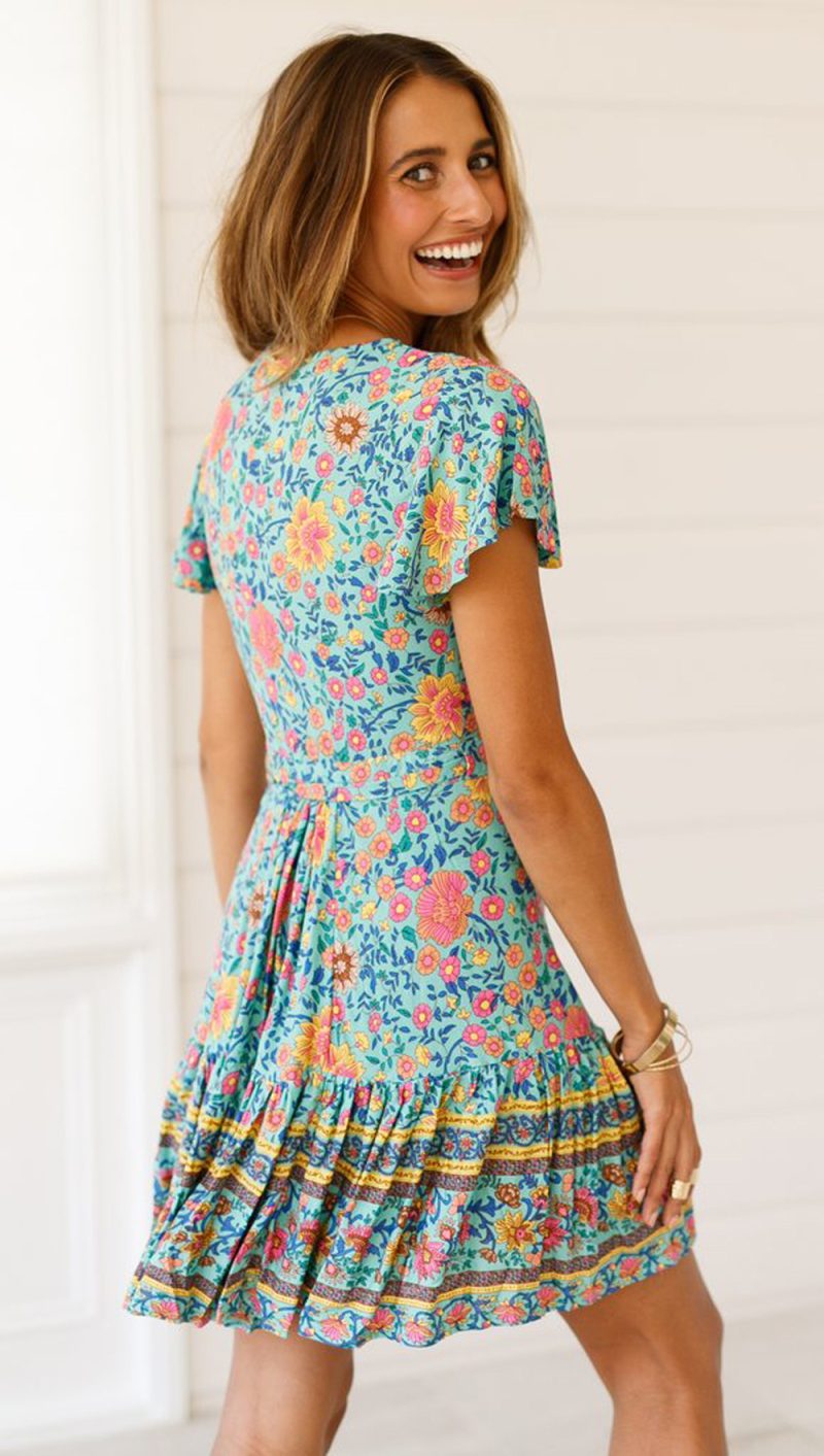 Women Summer Printed Vacation Ruffled A Line Short Dress - Image 2