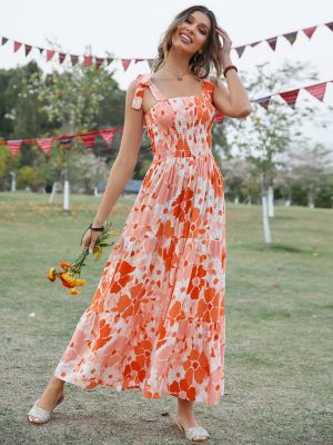 Women Summer Vacation Sleeveless Smocked Tie Loose A Line Cami Maxi Dress