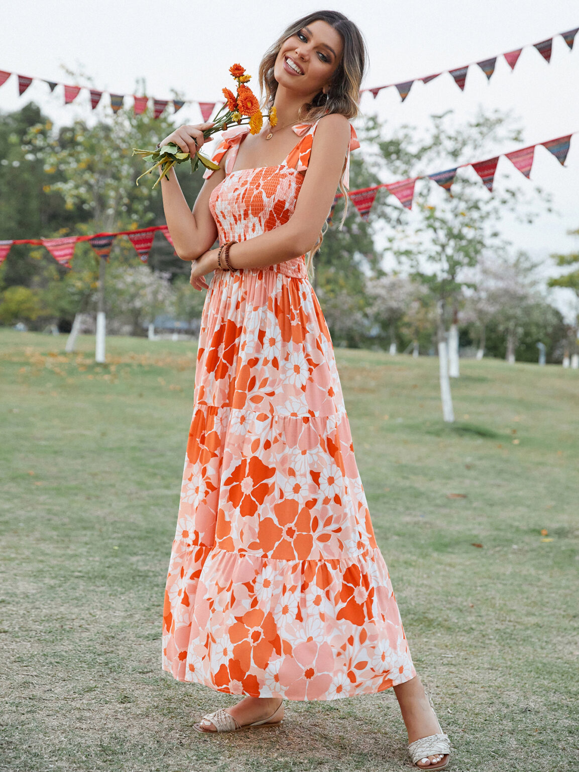 Women Summer Vacation Sleeveless Smocked Tie Loose A Line Cami Maxi Dress - Image 2
