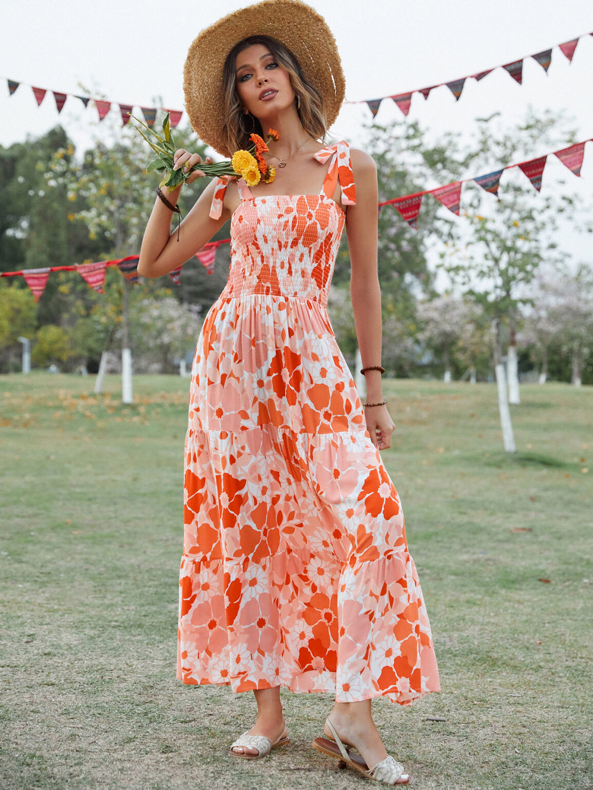 Women Summer Vacation Sleeveless Smocked Tie Loose A Line Cami Maxi Dress - Image 4