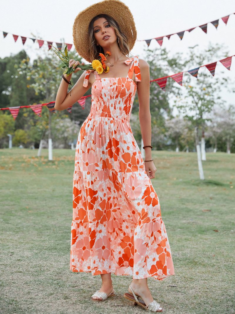 Women Summer Vacation Sleeveless Smocked Tie Loose A Line Cami Maxi Dress - Image 4