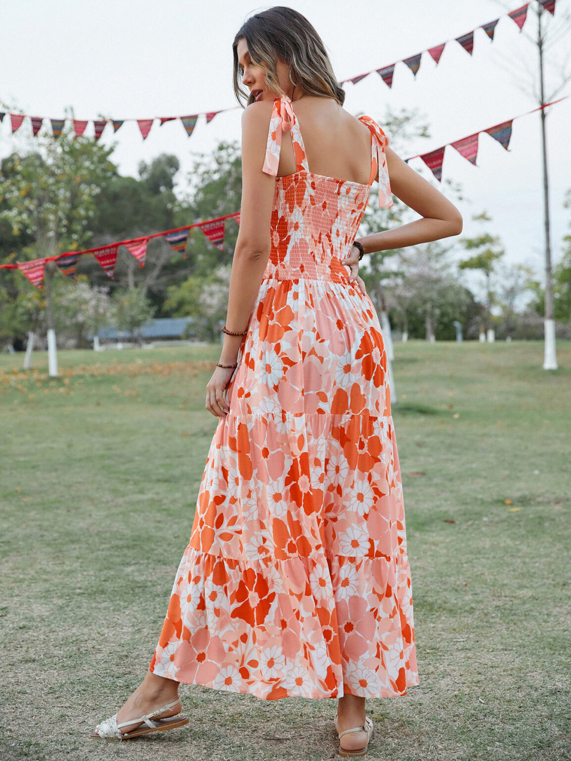 Women Summer Vacation Sleeveless Smocked Tie Loose A Line Cami Maxi Dress - Image 5