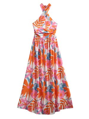 Women Summer Lace Up Vacation Scarf Maxi Dress